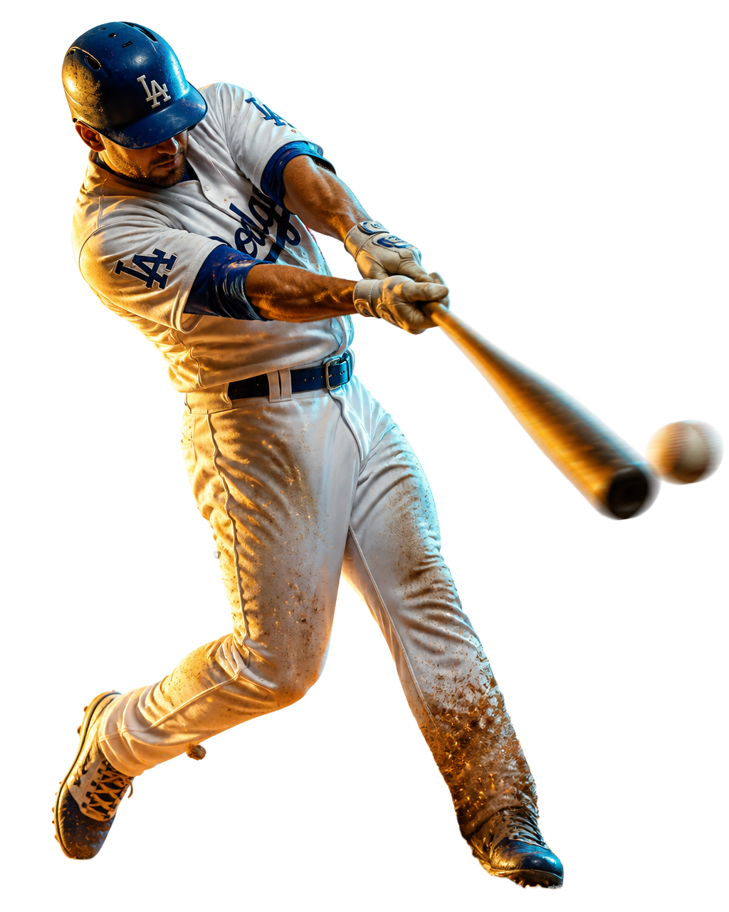Baseball hitter connecting on a home-run swing